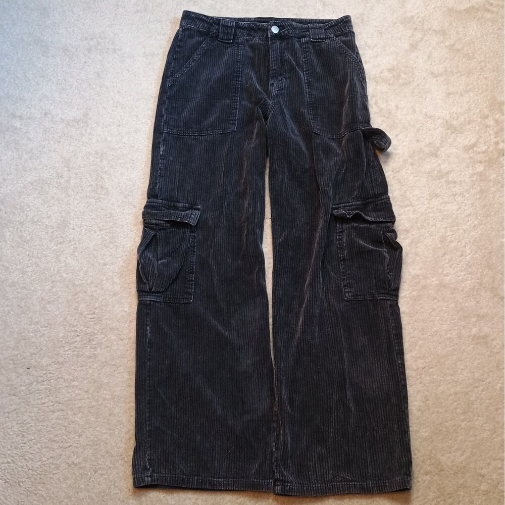 Forever 21 Corduroy Cargo Pants Women L Charcoal Gray Wide Leg Y2K Utility 30x28